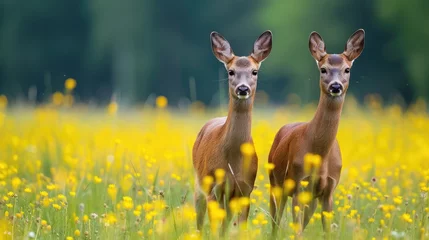 Tuinposter Roe deer, capreolus capreouls, couple int rutting season staring on a field with yellow wildflowers. Two wild animals standing close together. Love concept. © buraratn