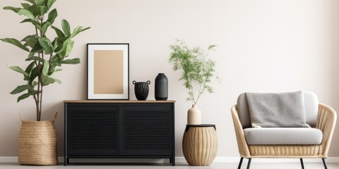 Fototapeta premium Stylish Scandinavian living room decor with black frame, design commode, leaf in vase, rattan basket, books, and elegant accessories. Template included.