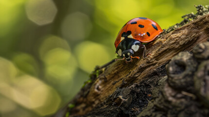 Fototapeta premium a ladybug sitting on top of a tree branch with lots of green leaves in the background and a blurry boke of leaves in the foreground.