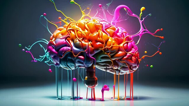 A  human brain with colorful dynamic glowing electric currents and neuron connections on dark blue background. Dopamine fasting mental health digital detox concept
