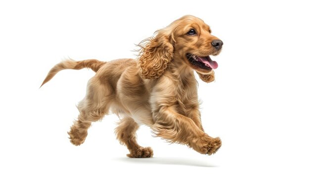 Pure youth crazy. English cocker spaniel young dog is posing. Cute playful white-braun doggy or pet is playing and looking happy isolated on white background. Concept of motion, action, movement.