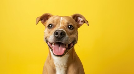 Studio headshot portrait of fawn colored mixed breed dog looking forward and smiling with tongue out against yellow background - obrazy, fototapety, plakaty