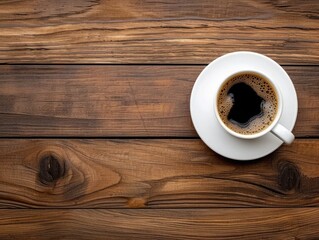 Top view Coffee with white cup on wood table.