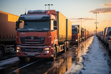 Naklejka premium Frigid Freight: A Queue of Trucks Waits at the Winter Border Crossing Point, Prepared to Tackle Snowy Roads for Cross-Border Deliveries