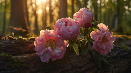  three pink peonies blooming on a log in a forest at sunset with the sun shining through the trees in the backgrould of the background.