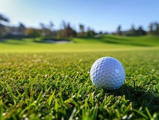 Fototapeta premium white golf ball on golf pin green grass near hole with golf course background.