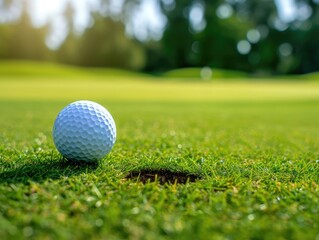 Obraz premium white golf ball on golf pin green grass near hole with golf course background.