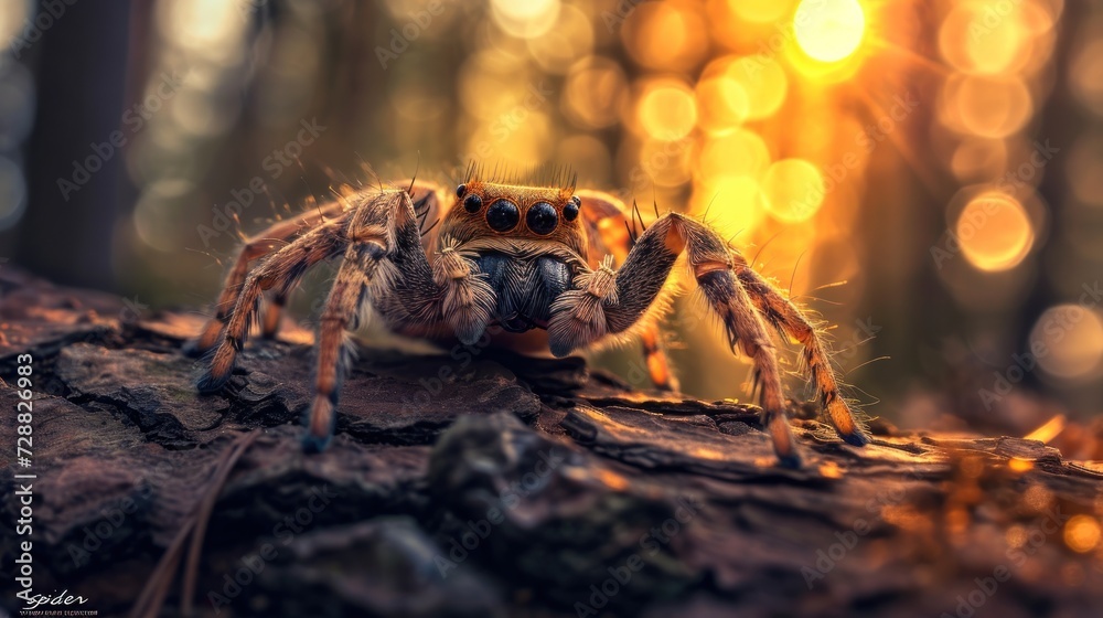 Wall mural  a close up of a spider on a tree branch in a forest with boke of lights in the background and a blurry image of a blurry background.