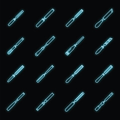 Carpenter chisel icons set. Outline set of carpenter chisel vector icons neon color on black