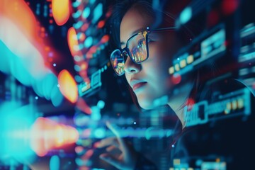 Futuristic software and hardware , coding hologram, serious concentrated attractive woman thinking about data analytics, digital technology. Programmer programming cybersecurity research and IT