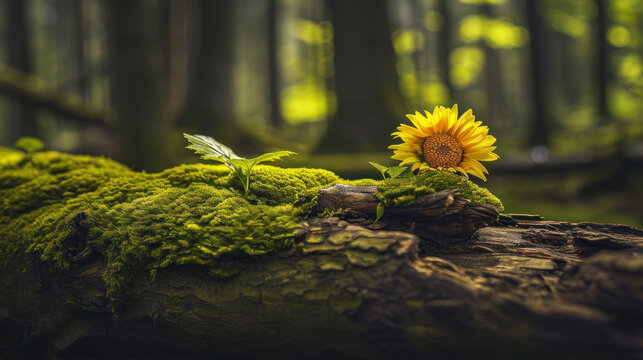  a single sunflower sitting on top of a moss covered log in the middle of a forest with lots of trees and a fallen down log in the foreground.