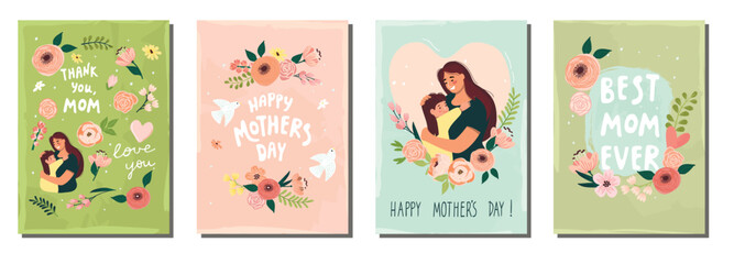 Mother's Day greeting card collection with mom and child illustration,hand lettering,birds and flowers.Cartoon background set with floral composition and cute characters. Abstract templates,cover.