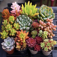 Beautiful colorful succulents in pots beautiful flowers
