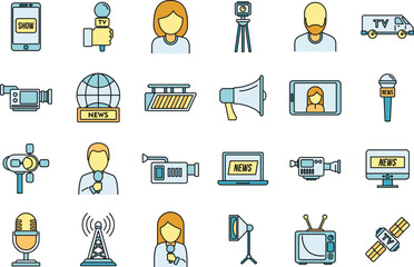 TV presenter interview icons set. Outline set of TV presenter interview vector icons thin line color flat on white
