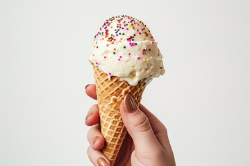 Ice cream with sprinkles in waffle cone in female hand