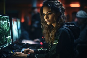 Naklejka premium Focused and Professional: A Female Uniformed Police Officer Engages with Her Computer Work at the Police Station, Providing Essential Support for Law Enforcement
