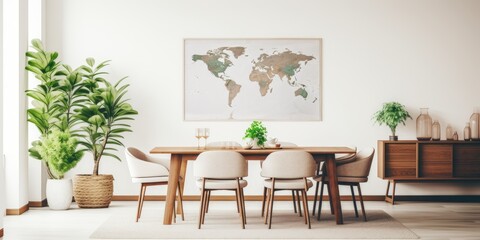 Modern home decor featuring a stylish dining room with a cozy interior, including a wooden table, chairs, plants, velvet sofa, poster map, and elegant accessories.