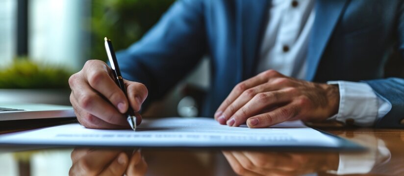 Close up of businessman hands holding pen and signing contract making a deal. AI generated image