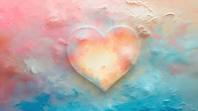  a painting of a heart on a pink, blue, and yellow background with a white heart on the left side of the image and a pink, blue and yellow heart on the right side of the right.