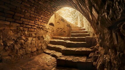 An underground tunnel lit by a soft glow along stairs that extend into the depths. Underground passage in an architecture of mystery and exploration.