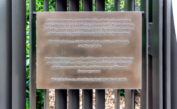 Marielle Franco (1979-2018.) A plaque to the the Brazilian politician, in The Memorial to Human Rights Defenders in the Iveagh Gardens in Dublin.