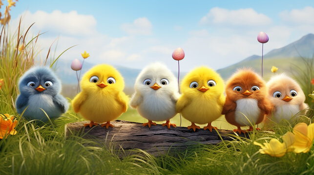 Cartoonish Easter chicks with painted eggs in a meadow