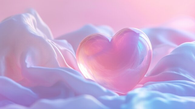  a close up of a heart shaped object on a bed with white sheets and a pink and blue background with a blurry image of a heart in the middle of the middle.