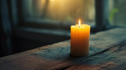  a lit candle sitting on a wooden table in front of a window with the sun shining through the window pane and a window sill in the back ground.