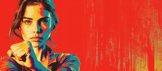 Fototapeta premium Feminism and Determination: A Striking Portrait of Resilience and Boldness on a Crimson Canvas, with Copy Space. AI Generative.