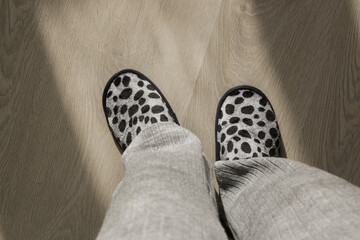 Woman wearing grey home slippers and standing on hardwood flooring in apartment - obrazy, fototapety, plakaty