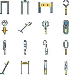 Metal detector alarm icons set. Outline set of metal detector alarm vector icons thin line color flat on white
