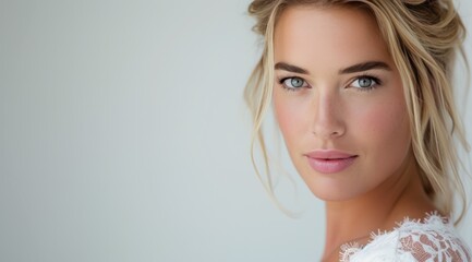 beautiful young bride portrait on light background with space for text, copy space