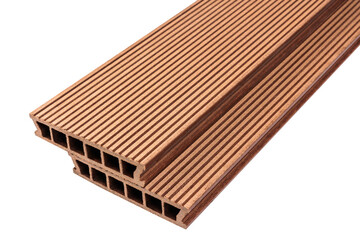 Colored Wood plastic composite patio decking boards isolated on white background