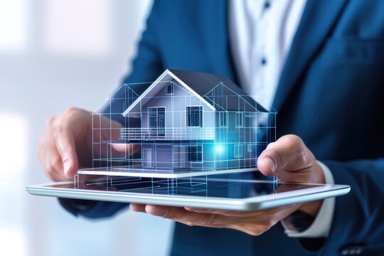 real estate agent holding tablet with 3d hologram