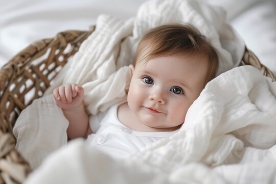 newborn baby in basket wrapped in blanket, portrait of little child