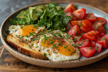 Breakfast with eggs on toast, fresh tomato cubes and avocado slices on table - 728829914