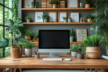Eco-friendly workspace with mock-up desktop computer