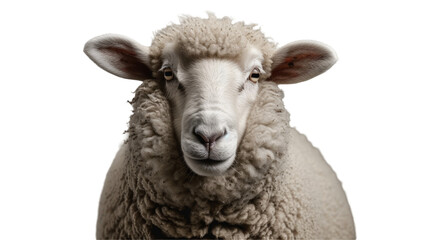 A sheep's portrait with a focus on its woolly fleece on a transparent backdrop.