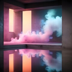 Neon abstract scene background featuring reflections, smoke, and concrete.