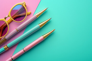 Three stylish pencils with a pair of sunglasses on pink and turquoise background - 728830135