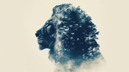  a black and white photo of a lion's head with trees in the back ground and fog in the air in the middle of the middle of the image.