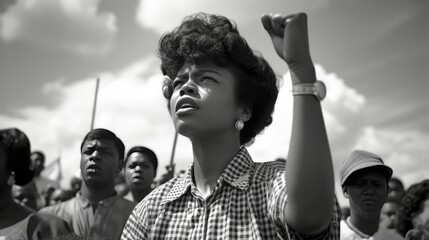 Black Woman Raising Fist at 1960s Civil Rights Demonstration