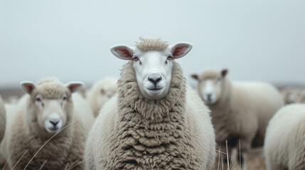 Obraz premium A serene sheep in focus with a flock in the background on a misty day.
