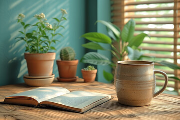 Reading at home with a cup of drink and house plants on table - 728830179