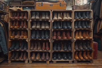 Various boots displayed in an old fashioned shoe shop  - 728830198
