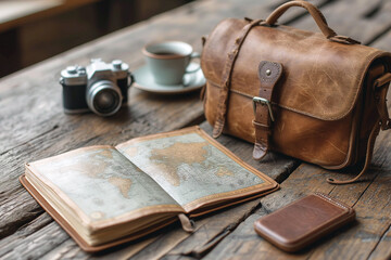 Travelling concept image with  leather handbag, camera and world map on a wooden table. 