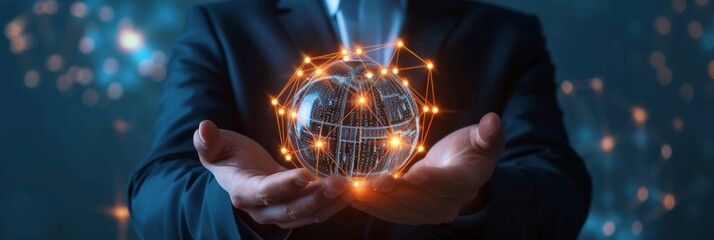 Businessman Holding Glowing Network Structure Symbolizing Access Management in Cyberspace