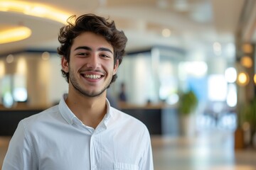 Young man receptionist standing in hotel lobby near the counter