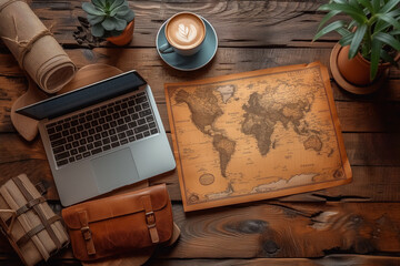 Travelling concept image with  laptop, world map and a cup of coffee on a wooden table.  - 728830374