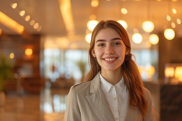 Obraz premium Young beautiful woman receptionist standing in hotel lobby near the counter